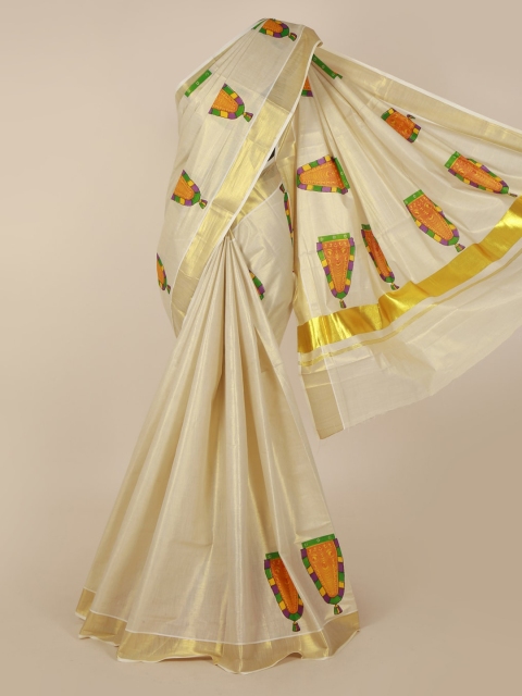 

Pothys Beige & Gold-Toned Pure Cotton Solid Kasavu Saree