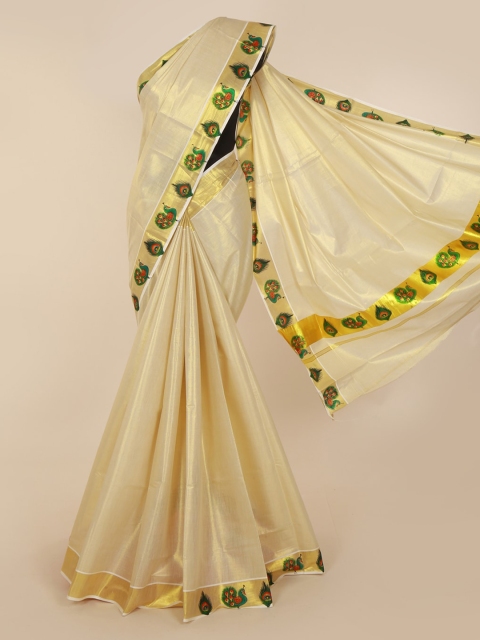 

Pothys Gold-Toned & Beige Pure Cotton Solid Kasavu Saree