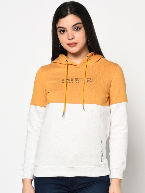 

METTLE Women Mustard Yellow & White Colourblocked Hooded Fleece Sweatshirt