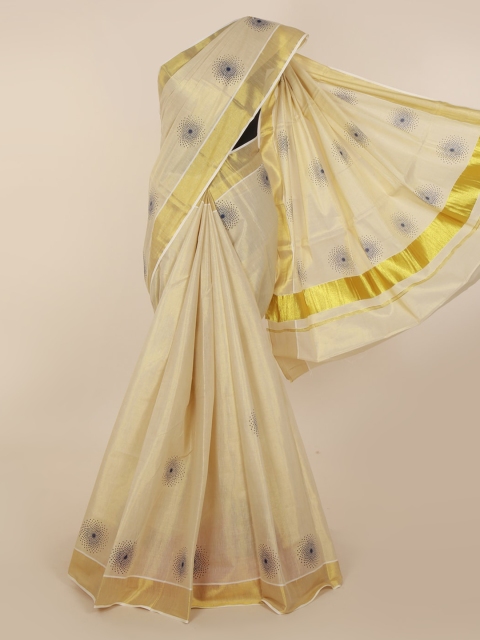 

Pothys Gold-Toned & Beige Pure Cotton Printed Kasavu Saree