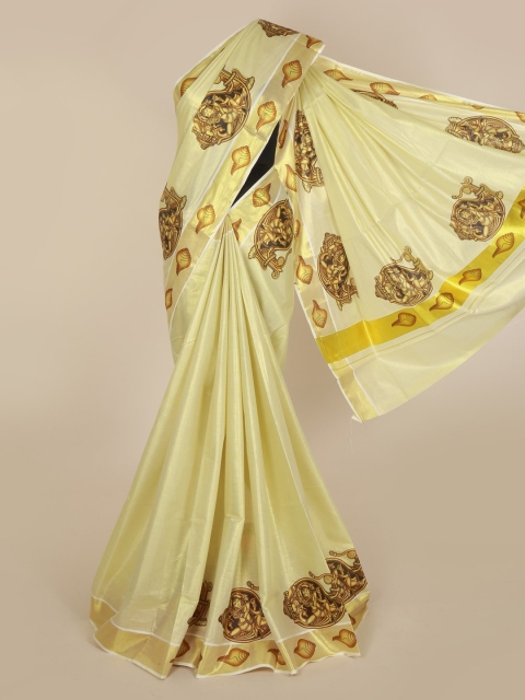 

Pothys Beige & Brown Pure Cotton Printed Kasavu Saree