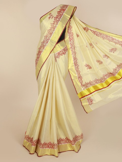 

Pothys Gold-Toned & Red Pure Cotton Solid Kasavu Saree