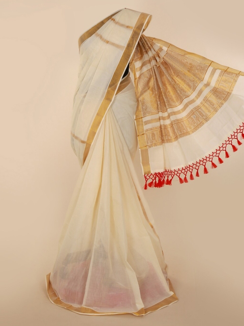 

Pothys Off-White & Beige Pure Cotton Solid Kasavu Saree