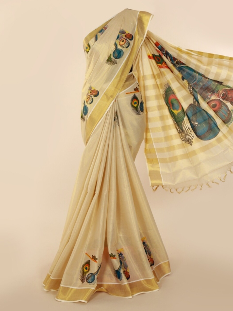 

Pothys Beige & Gold-Toned Pure Cotton Printed Kasavu Saree