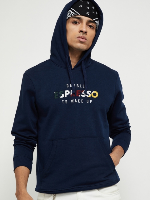 max Men Blue Printed Hooded Sweatshirt