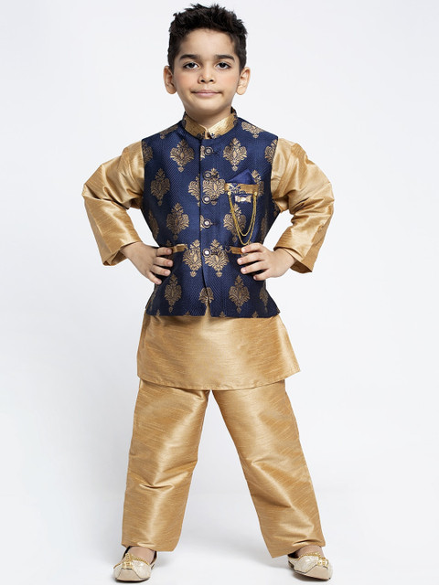 

MAXENCE Boys Cream-Coloured & Navy Blue Solid Kurta with Pyjamas