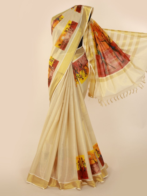 

Pothys Cream-Coloured & Gold-Toned Pure Cotton Printed Kasavu Saree