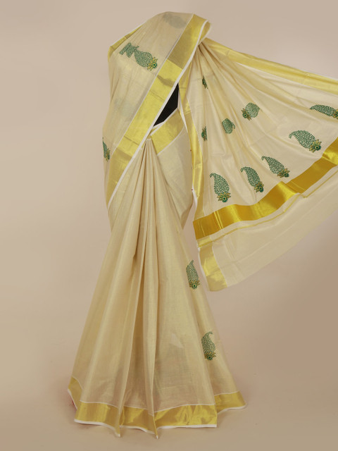 

Pothys Beige & Gold-Toned Pure Cotton Solid Kasavu Saree