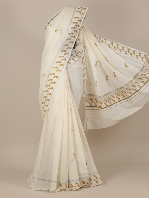 

Pothys Off-White Pure Cotton Solid Kasavu Saree