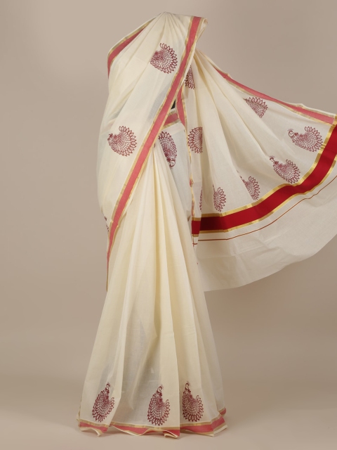 

Pothys Cream-Coloured Pure Cotton Printed Kasavu Saree