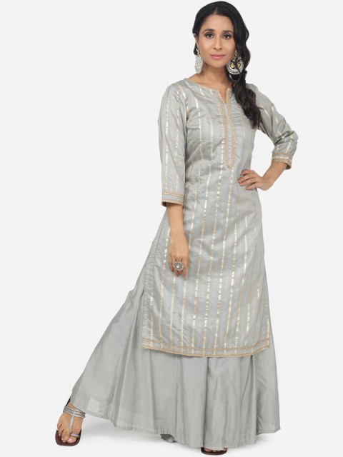 

Paislei Women Grey Striped Kurta with Sharara