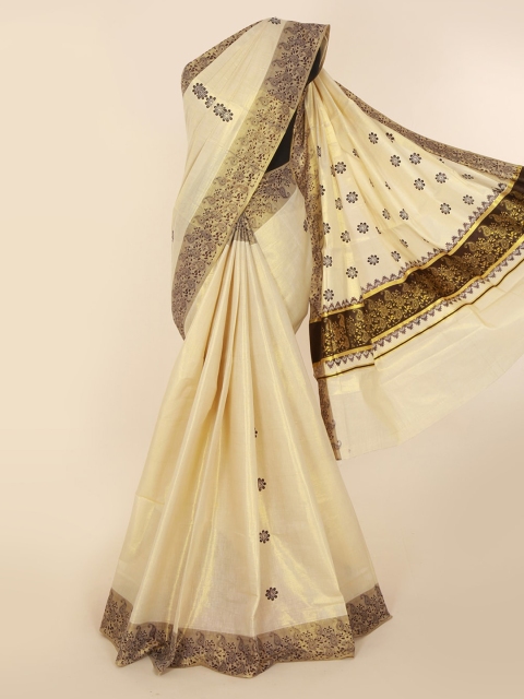 

Pothys Beige Pure Cotton Printed Kasavu Saree