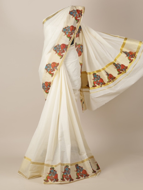 

Pothys Off-White Solid Kasavu Saree