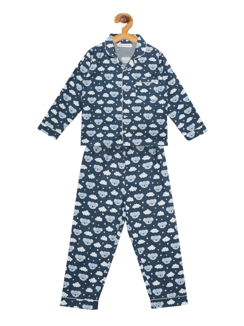 

Fluffalump Unisex Kids Navy Blue & White Printed Night suit