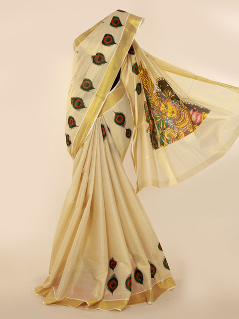 

Pothys Gold-Toned & Beige Pure Cotton Printed Kasavu Saree