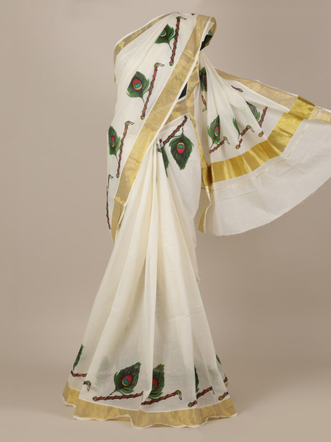 

Pothys Off-White & Green Pure Cotton Printed Kasavu Saree