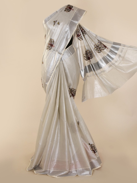 

Pothys Silver-Toned & Beige Pure Cotton Printed Kasavu Saree