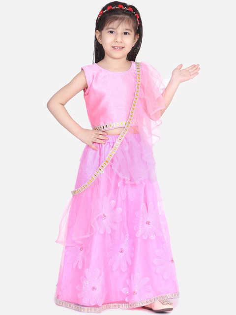 

KID1 Girls Pink Embellished Reay-To-Wear Lehenga Choli With Cross Dupatta