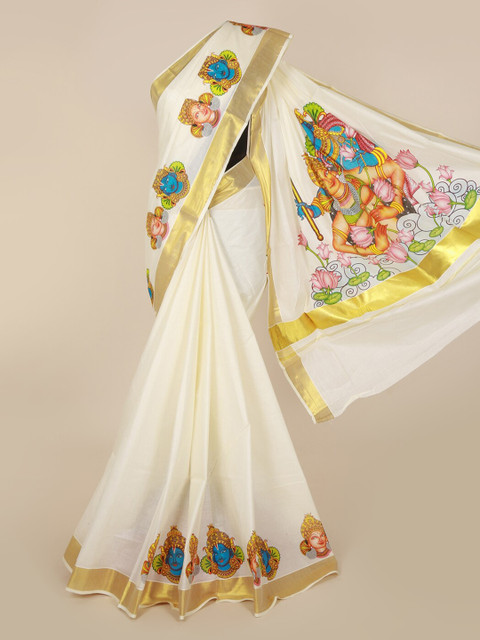 

Pothys Off-White & Gold-Toned Pure Cotton Woven Design Kasavu Saree