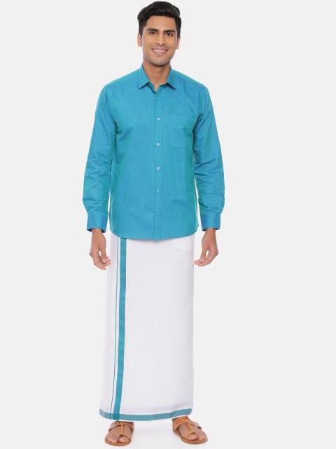 

UATHAYAM Men Turquoise Blue & White Solid Shirt With Dhoti