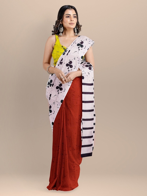 

BharatSthali Maroon & Off-White Pure Cotton Printed Bagru HandloomSustainable Saree