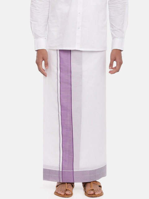 

UATHAYAM Men White Solid Dhoti With Purple Border