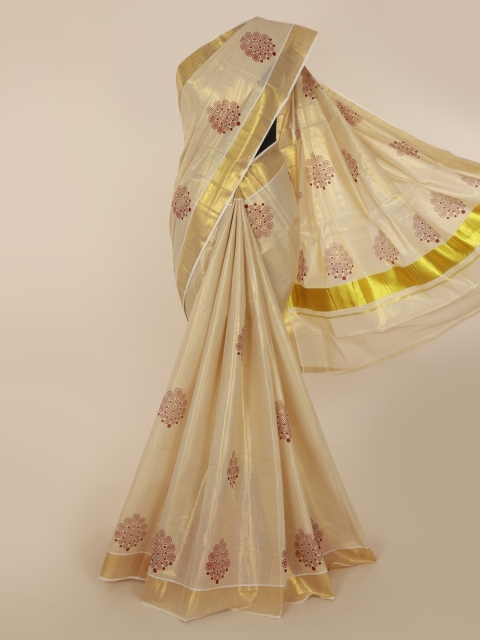 

Pothys Beige & Gold-Toned Pure Cotton Printed Kasavu Saree