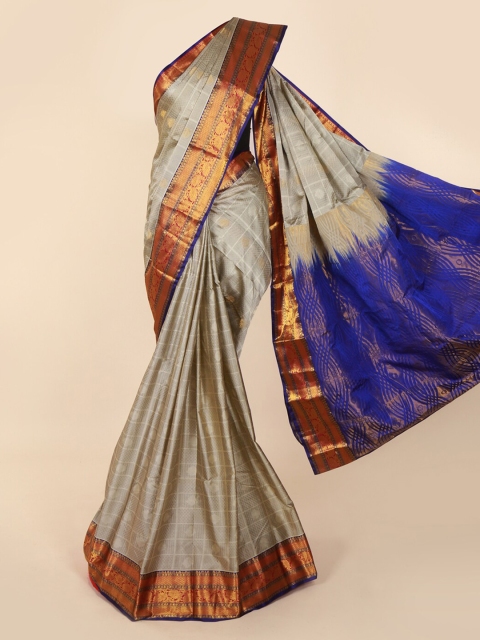 Pothys Grey & Blue Pure Silk Woven Design Kanjeevaram Saree