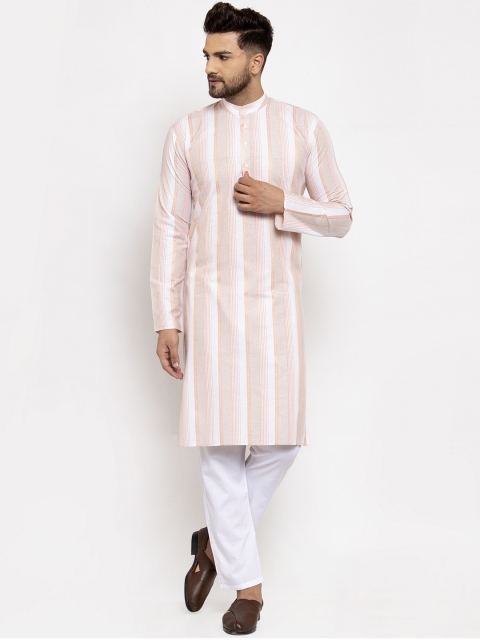 

Jompers Men Orange & White Striped Kurta With Trousers