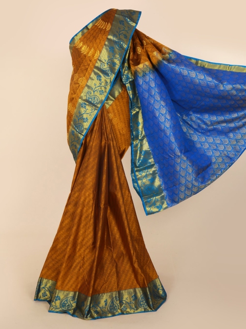 

Pothys Mustard Brown & Blue Art Silk Printed Kanjeevaram Saree