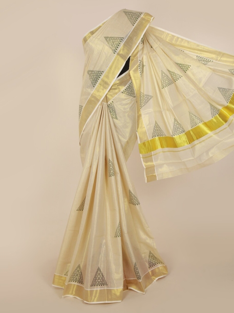 

Pothys Gold-Toned & Beige Pure Cotton Printed Kasavu Saree