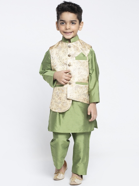 

MAXENCE Boys Green & Cream-Coloured Solid Kurta with Pyjamas With Waistcoat
