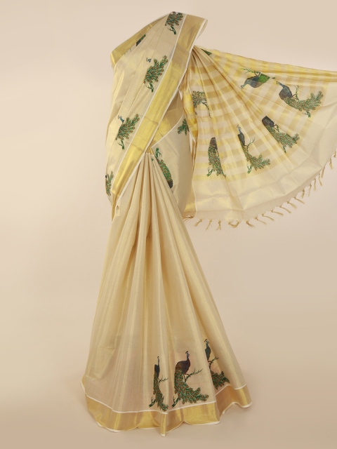 

Pothys Cream-Coloured & Gold-Toned Pure Cotton Woven Design Kasavu Saree