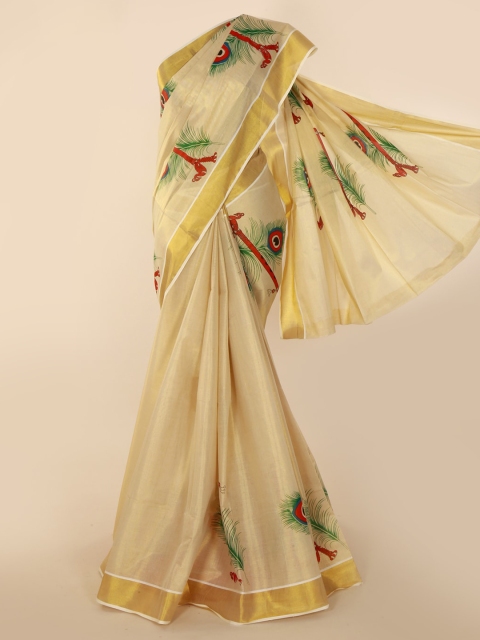 

Pothys Gold-Toned Pure Cotton Printed Kasavu Saree