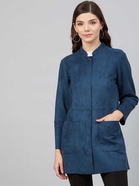 

Marie Claire Women Teal Blue Solid Suede Tailored Jacket