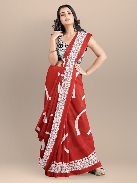 

BharatSthali Red & White Pure Cotton Kalamkari Print Handloom Sustainable Saree