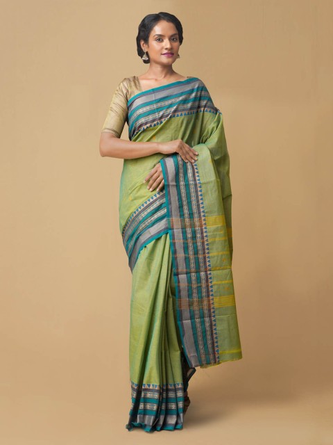 

Unnati Silks Green & Blue Pure Cotton Solid Chettinad Saree