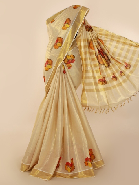 

Pothys Gold-Toned Pure Cotton Printed Kasavu Saree