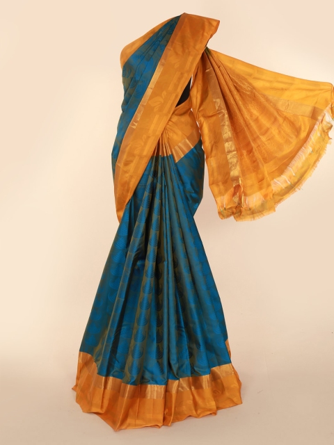 

Pothys Teal Blue & Mustard Yellow Pure Silk Colourblocked Kanjeevaram Saree
