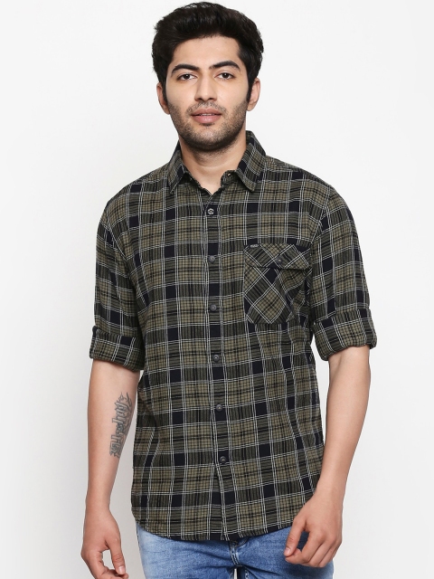 

Mufti Men Olive Green Slim Fit Checked Casual Shirt
