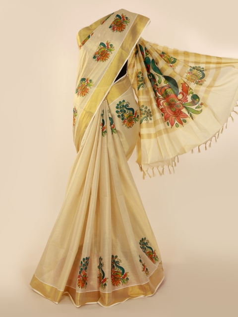 

Pothys Gold-Toned & Beige Pure Cotton Printed Kasavu Saree