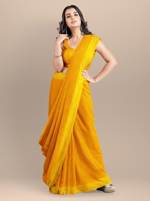

BharatSthali Yellow Solid Maheshwari Saree
