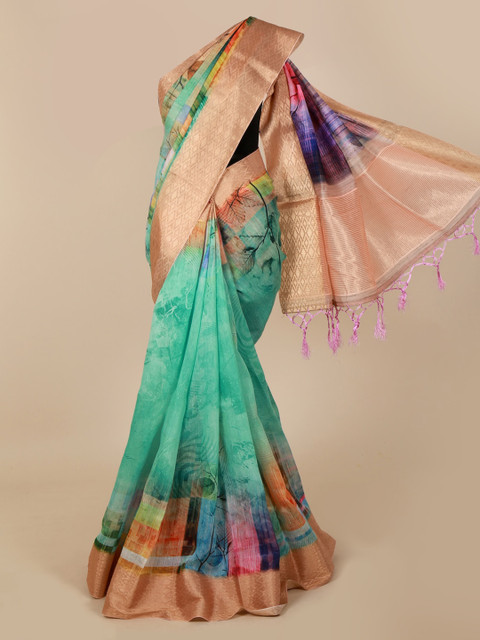 

Pothys Green Printed Linen Blend Saree