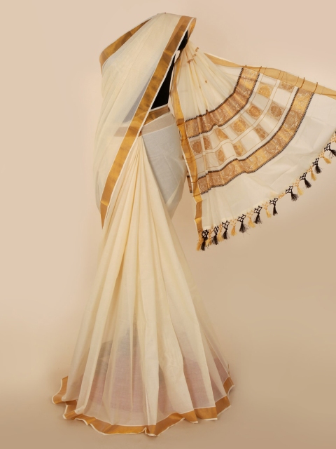 

Pothys Beige Pure Cotton Solid Kasavu Saree