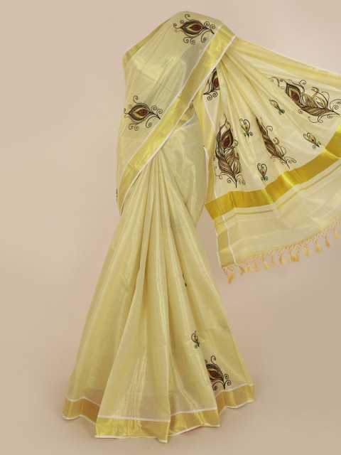 

Pothys Yellow & Gold-Toned Pure Cotton Solid Kasavu Saree