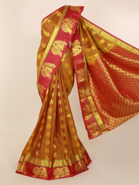 

Pothys Mustard Brown & Gold-Toned Art Silk Woven Design Kanjeevaram Saree