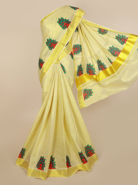 

Pothys Gold-Toned Pure Cotton Solid Kasavu Saree