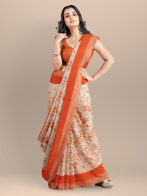 

BharatSthali Orange & Off-White Pure Cotton Printed Khadi Handloom Sustainable Saree