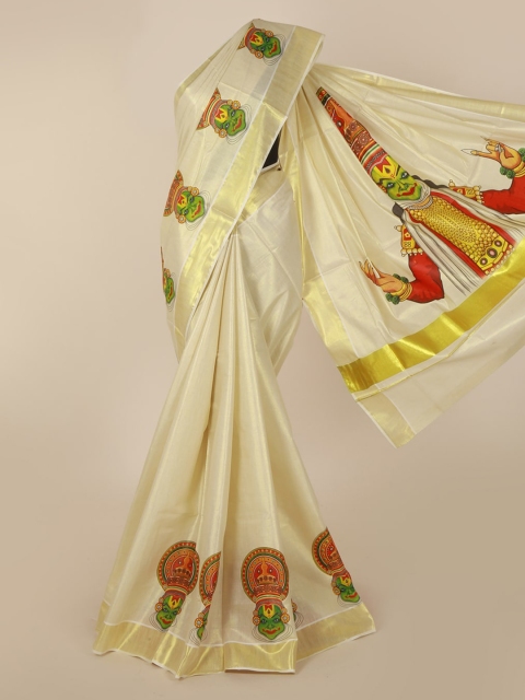 

Pothys Gold-Toned & Beige Embroidered Kasavu Saree