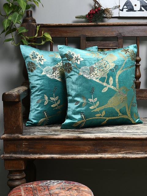 

AMOROSA Set Of 2 Sea Green & Gold Coloured Embroidered Square Cushion Covers